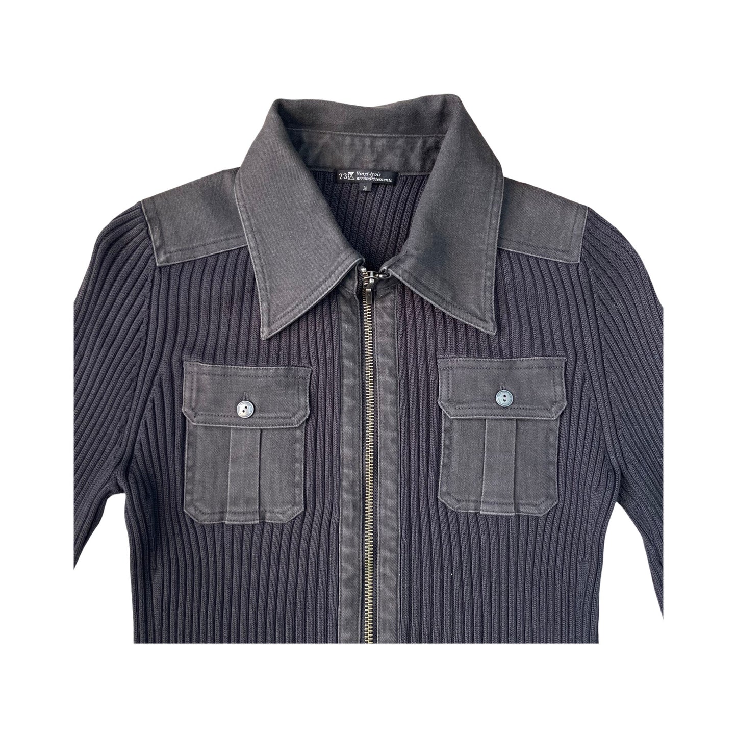 Ribbed Zip Up Knit With Denim Details