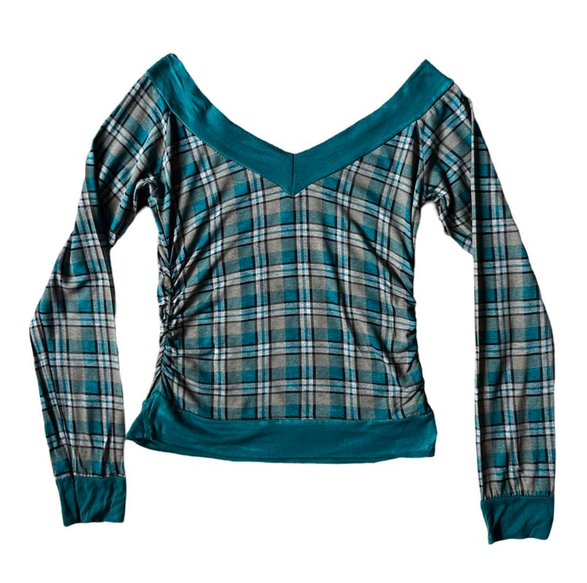 Checked V Neck Long Sleeve