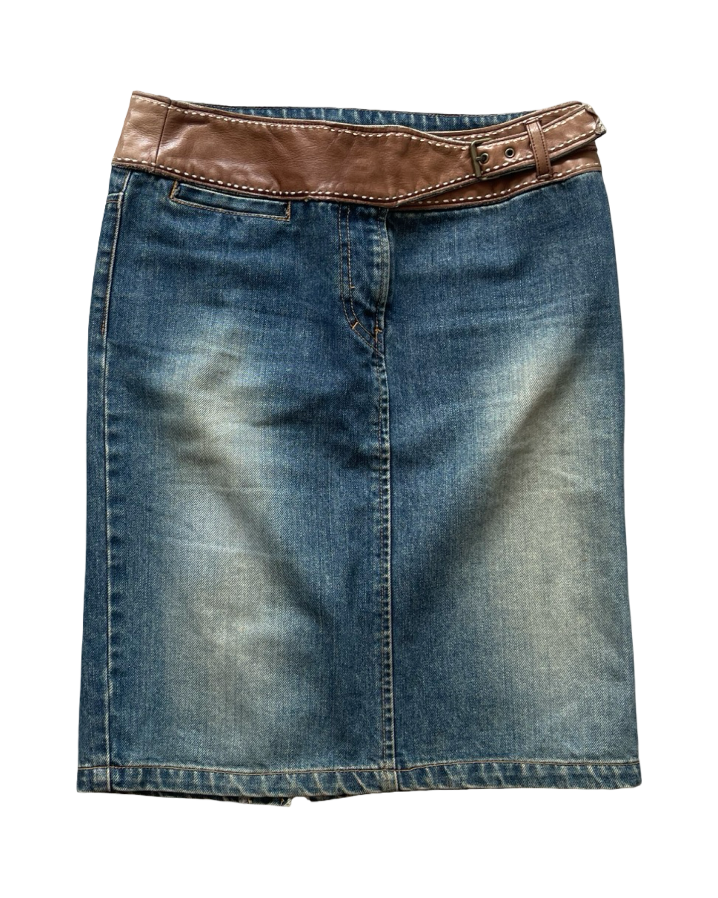 Denim Midi Skirt with Leather Belt