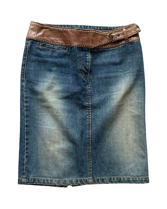 Denim Midi Skirt with Leather Belt