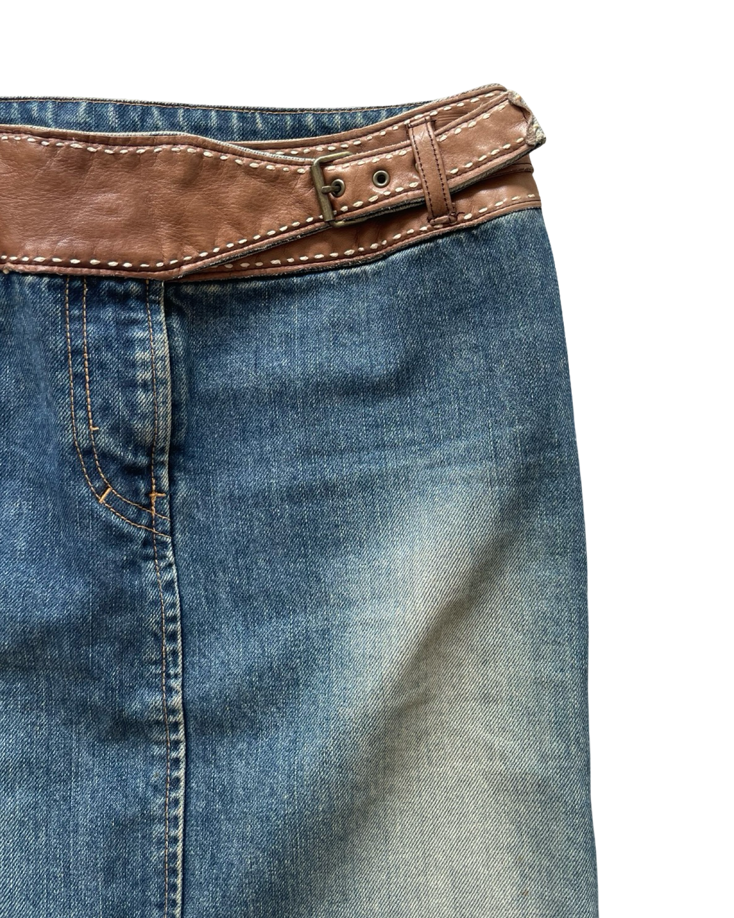 Denim Midi Skirt with Leather Belt